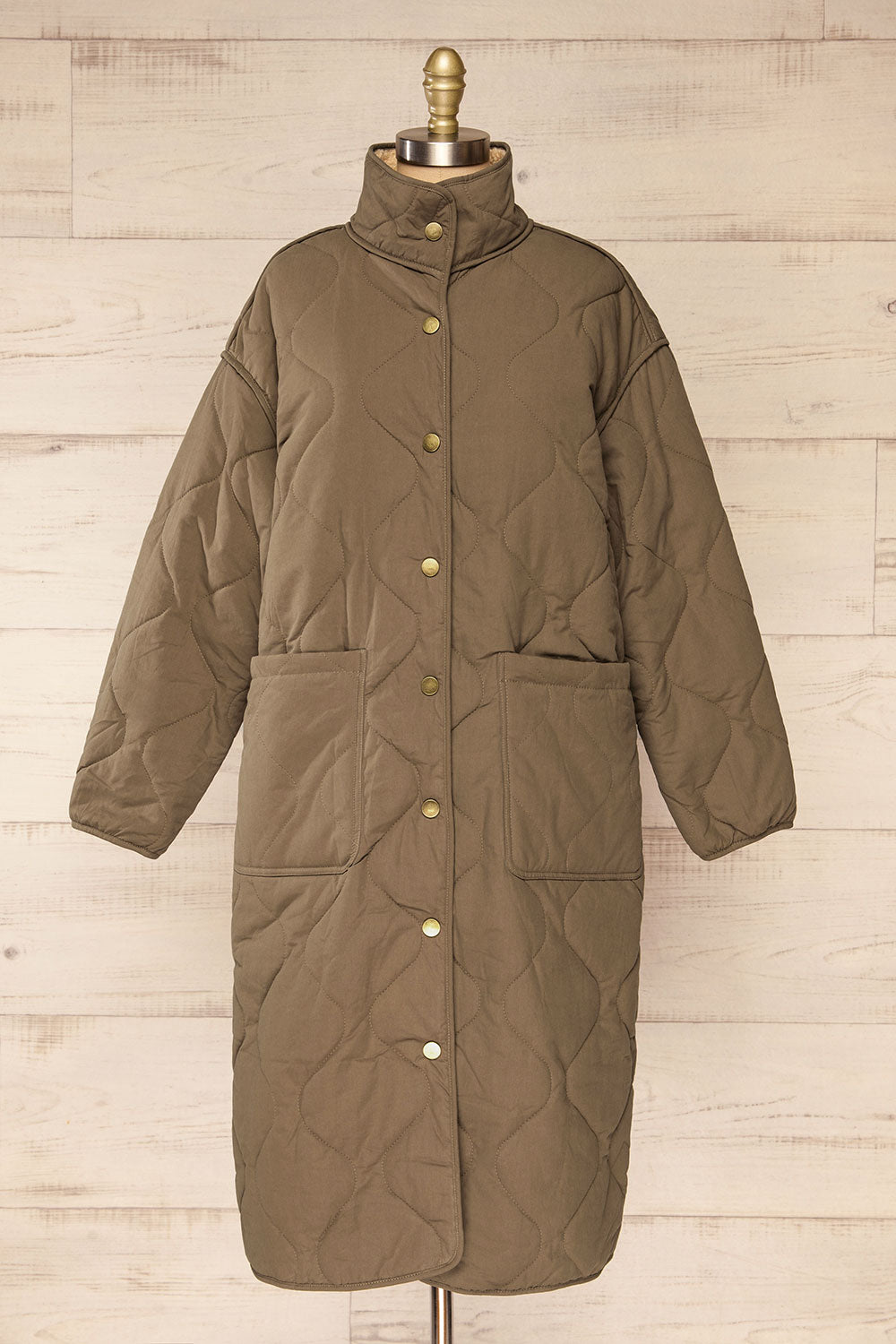 Quelimane Long Quilted Khaki Coat | La petite garçonne front view