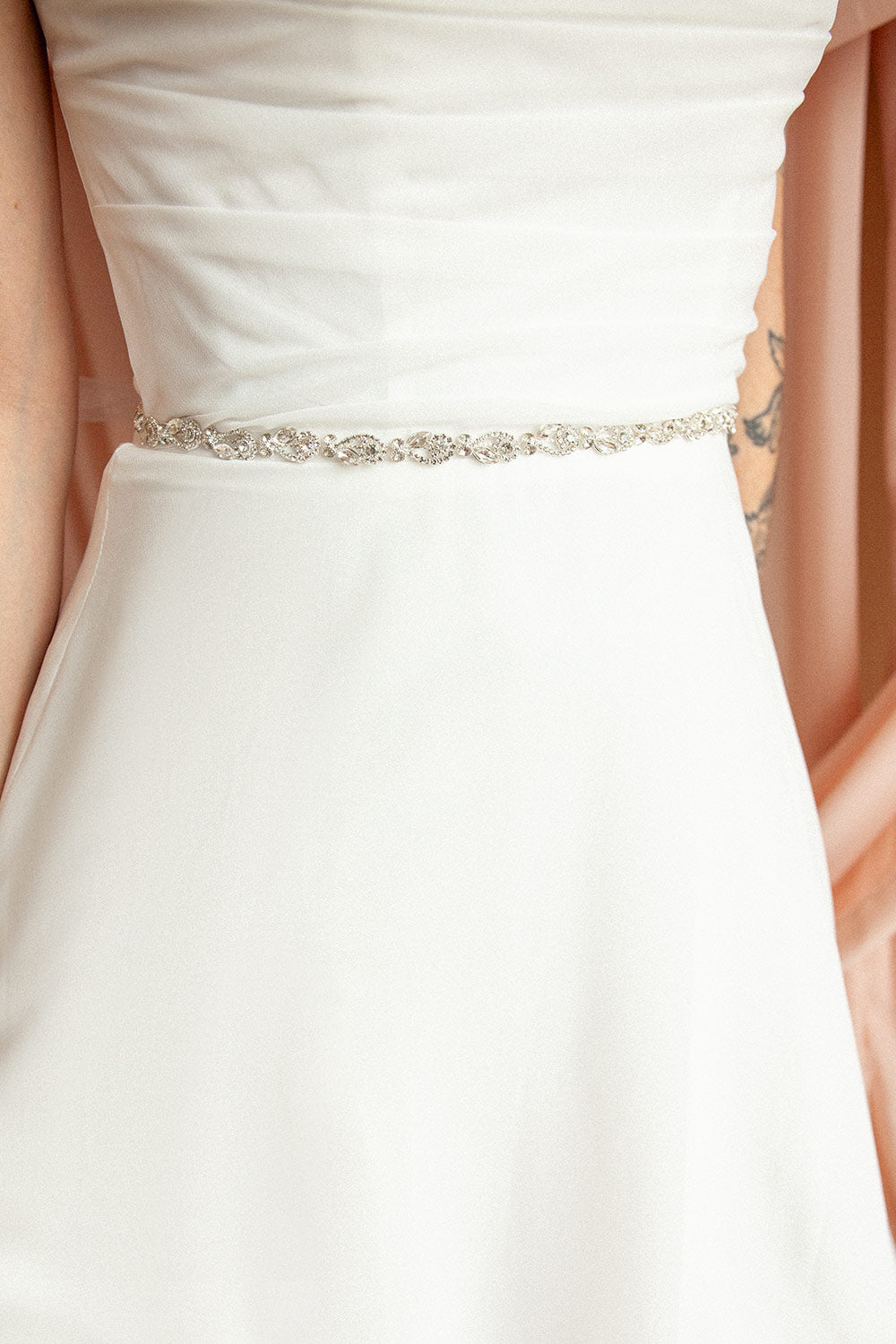 woman wearing Rajni Silver Crystal Ribbon Belt from Boudoir 1861