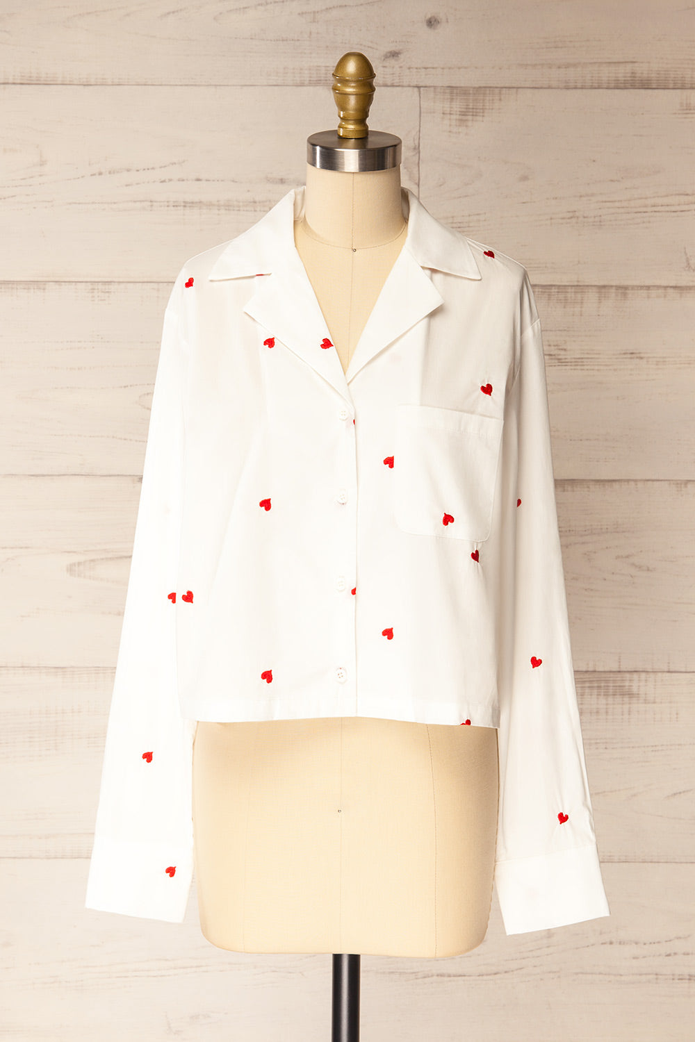 Rajouri White Button-Up Blouse with Red Heart Embroidery | La petite garçonne front view