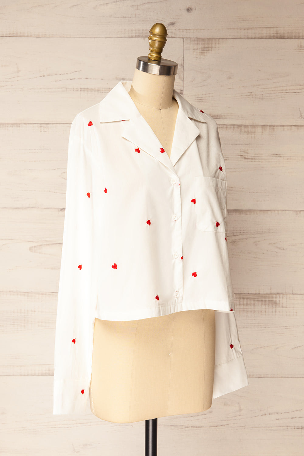 Rajouri White Button-Up Blouse with Red Heart Embroidery | La petite garçonne side view