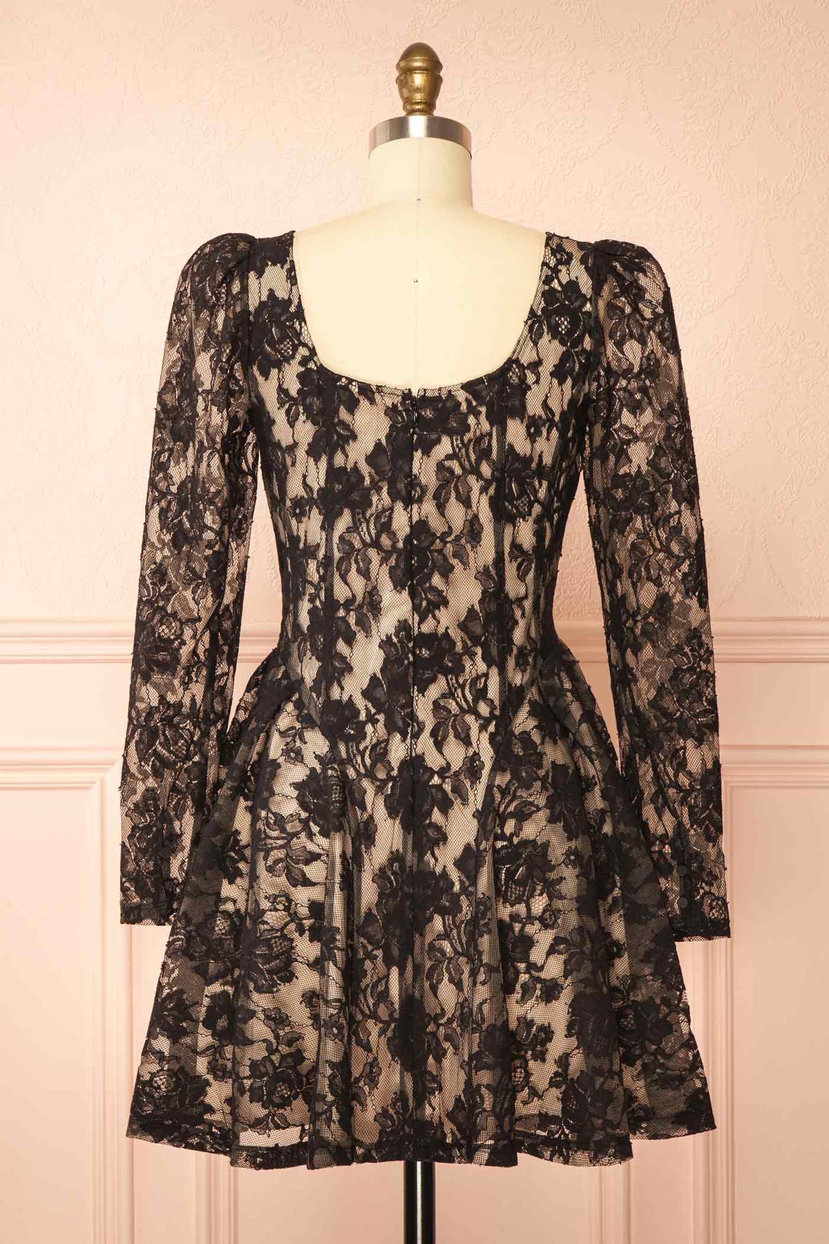 back view of Ralline Black Floral Lace Short Dress at Boutique 1861