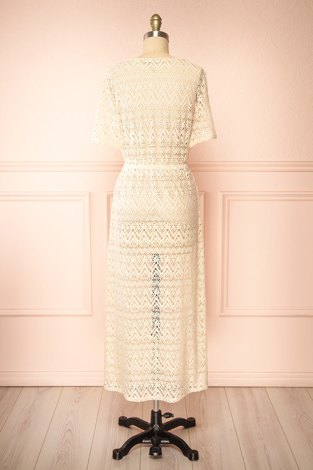 Ramira Beige Long Crochet Kimono w/ Short Sleeves | Boutique 1861 back view