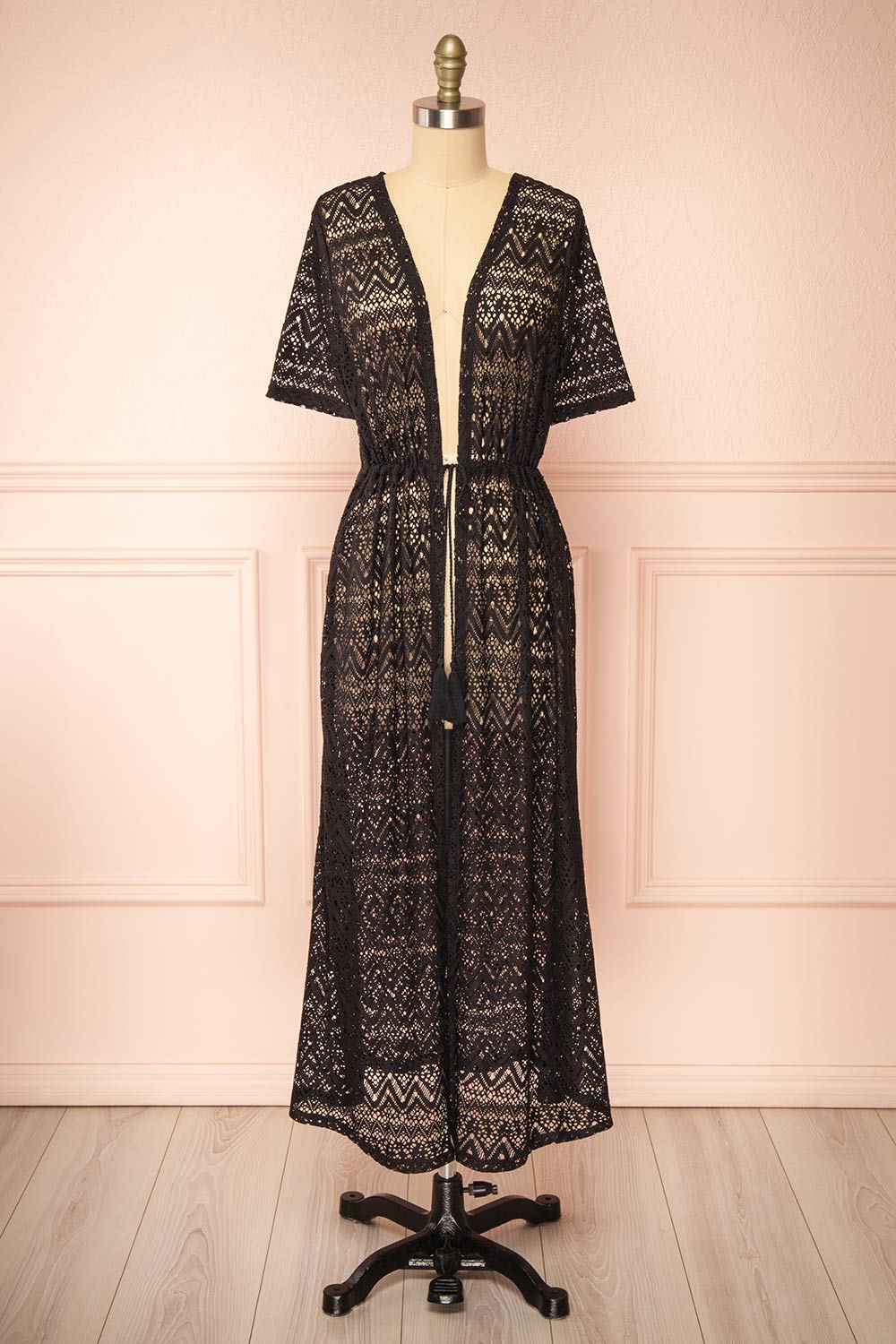 Ramira Black Long Crochet Kimono w/ Short Sleeves | Boutique 1861 front view