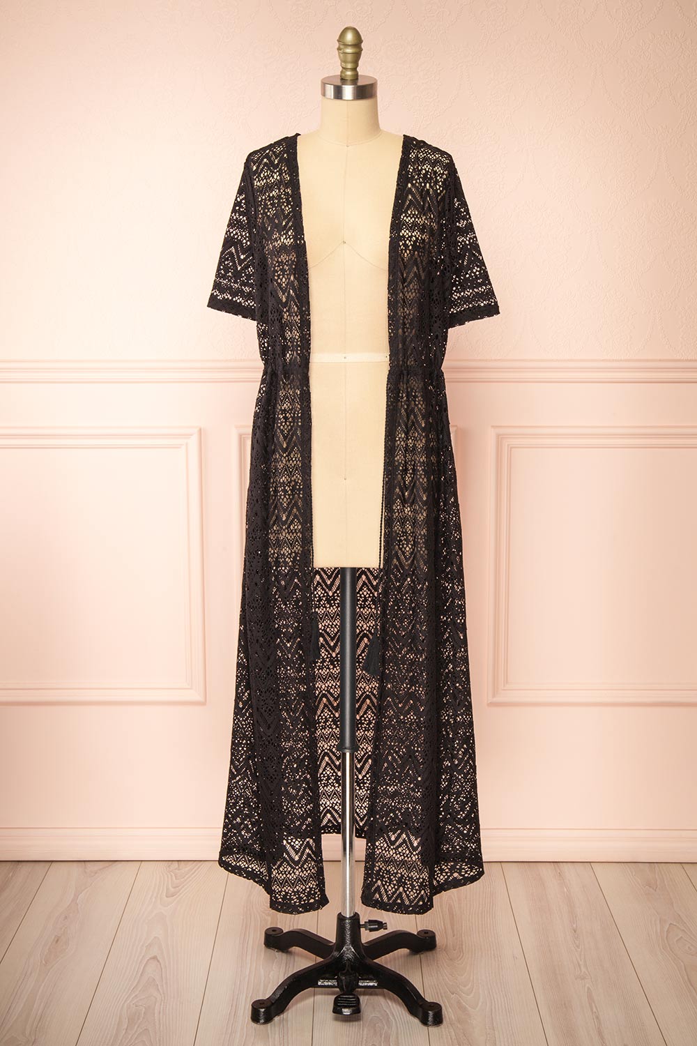 Ramira Black Long Crochet Kimono w/ Short Sleeves | Boutique 1861 open view