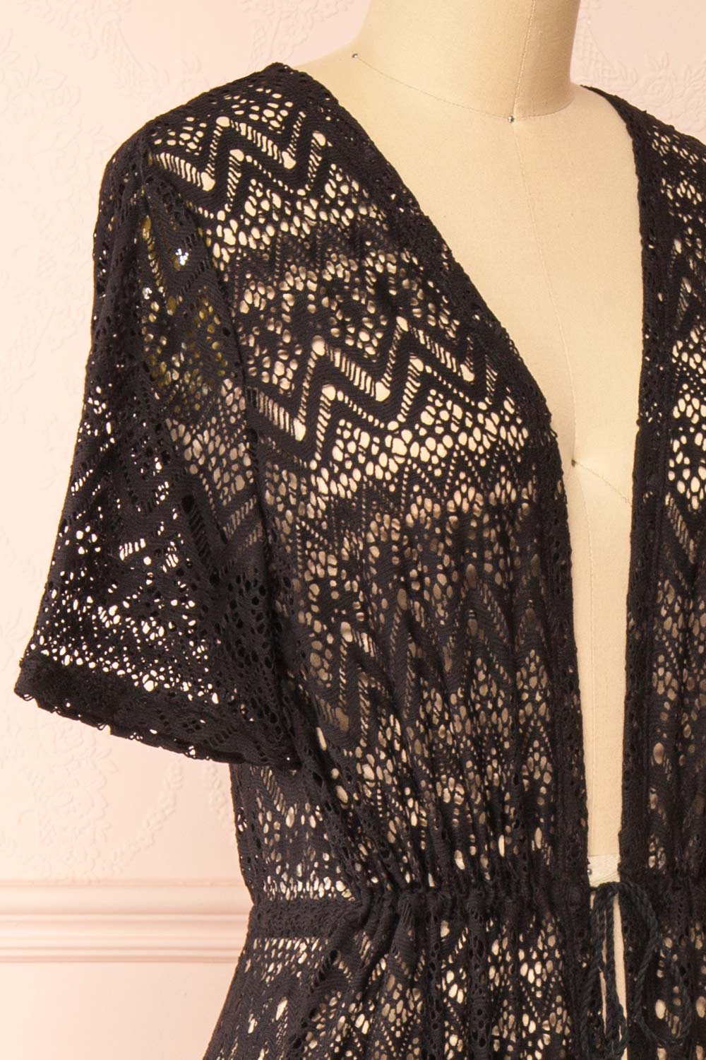Ramira Black Long Crochet Kimono w/ Short Sleeves | Boutique 1861 side 