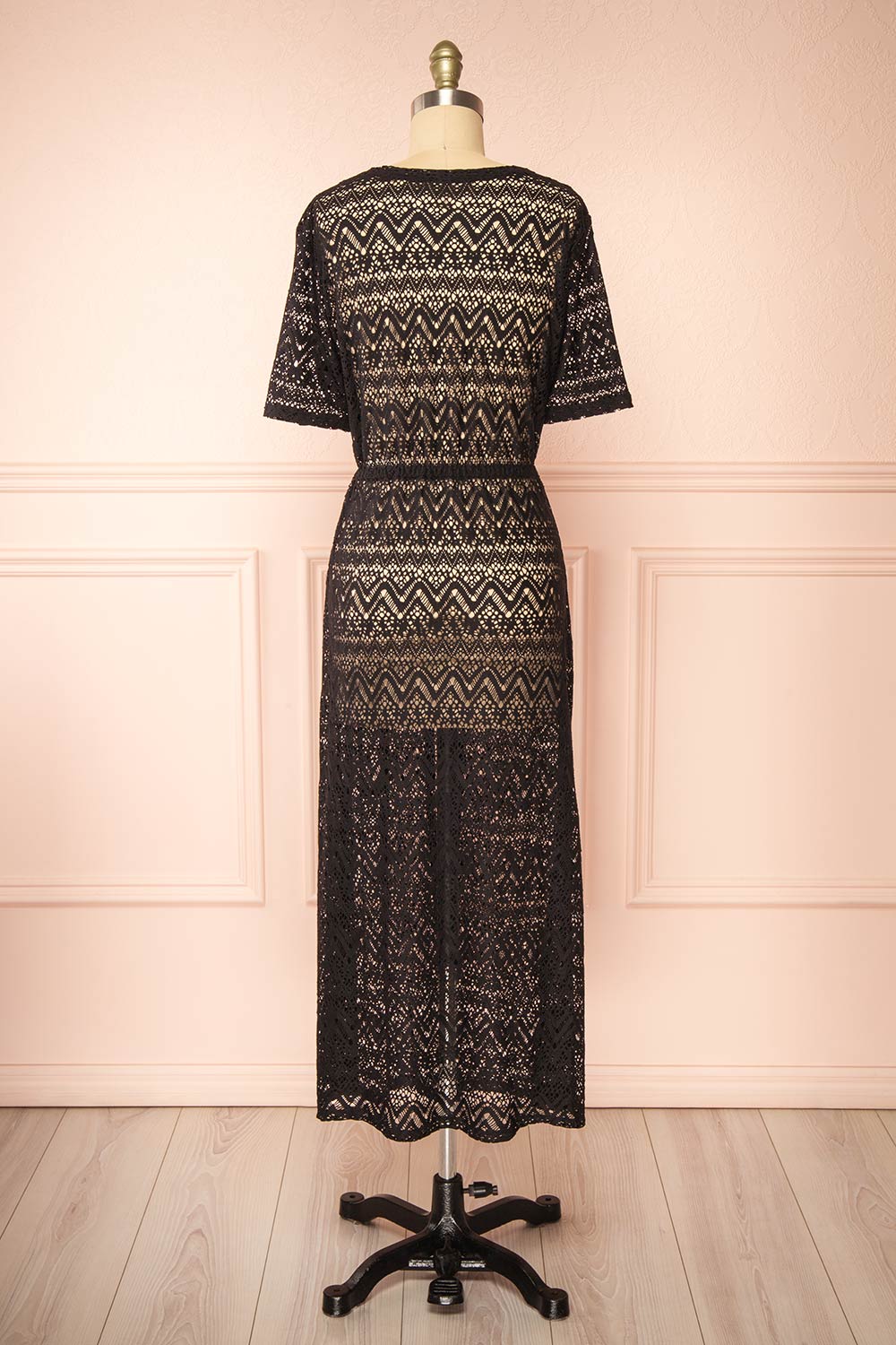 Ramira Black Long Crochet Kimono w/ Short Sleeves | Boutique 1861 back view