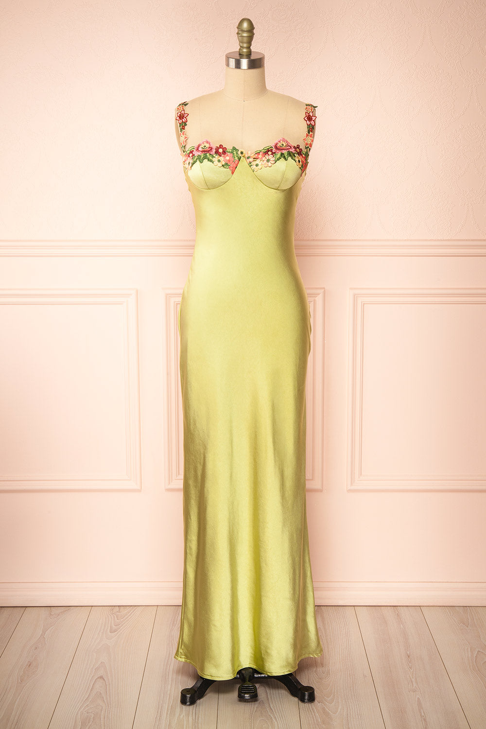 Ramona Green Slip Dress w/ Floral Embroidery Boutique 1861