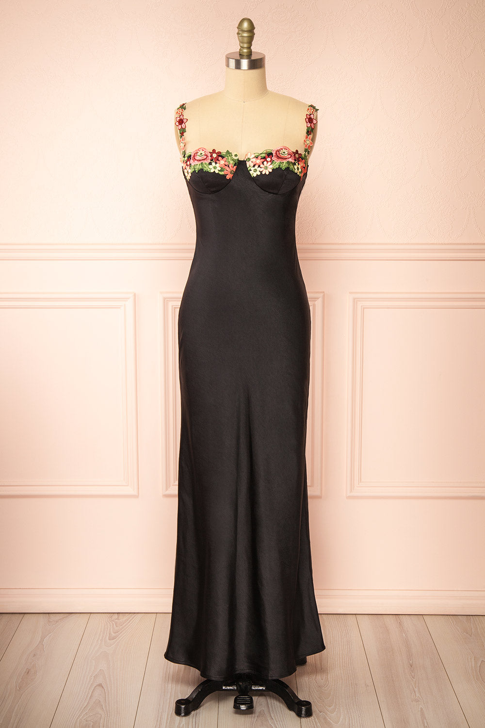 Ramona Black Slip Dress w/ Floral Embroidery