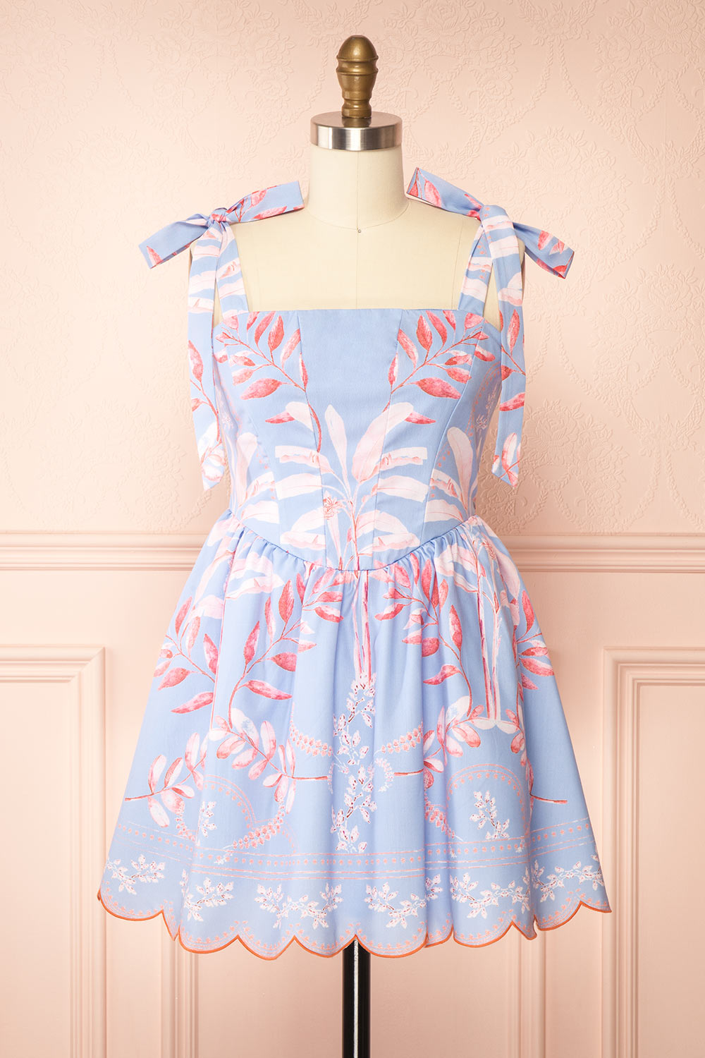 Rayanne Short Blue Dress w/ Pink Leaves Print | Boutique 1861 front view