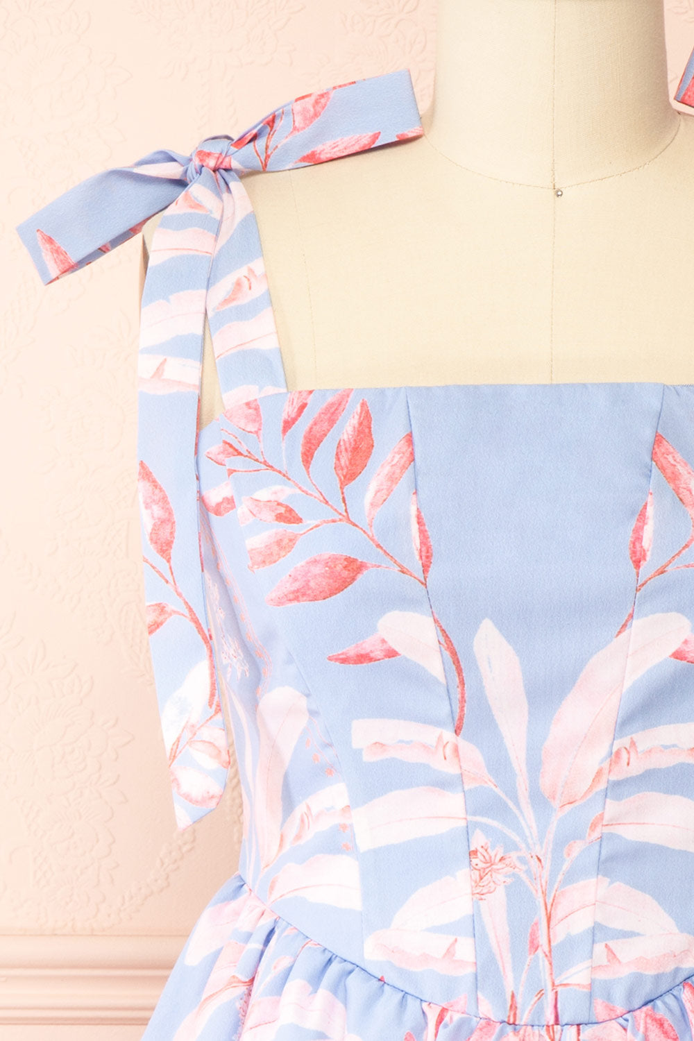 Rayanne Short Blue Dress w/ Pink Leaves Print | Boutique 1861 front
