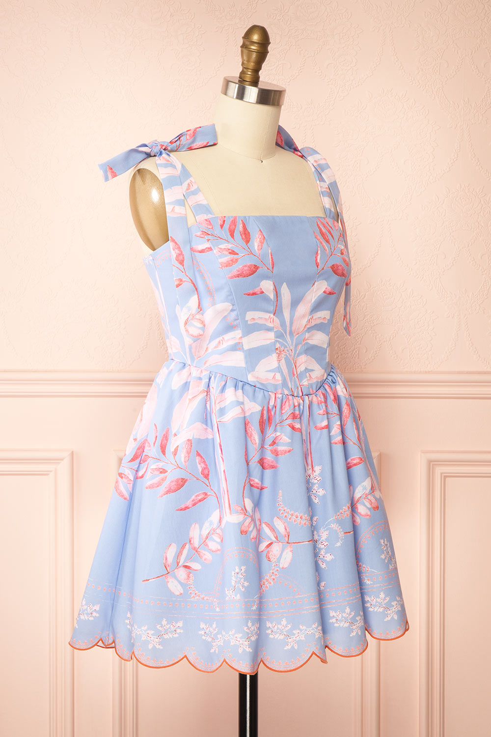 Rayanne Short Blue Dress w/ Pink Leaves Print | Boutique 1861 side view
