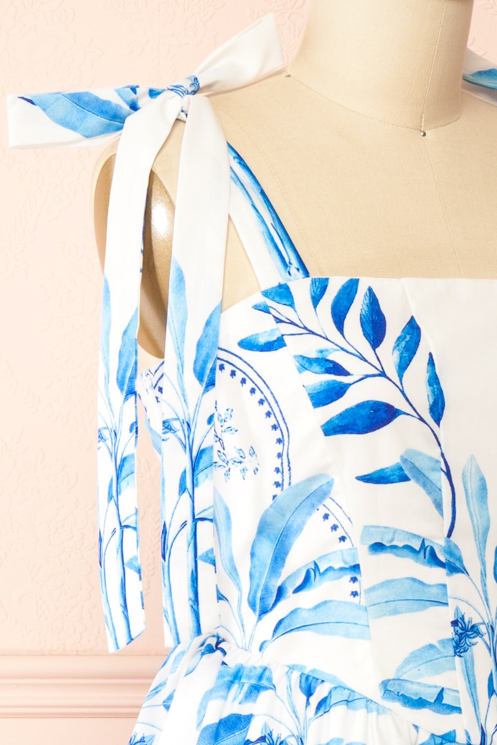 Rayanne White Short Dress w/ Blue Leaves Print | Boutique 1861 side