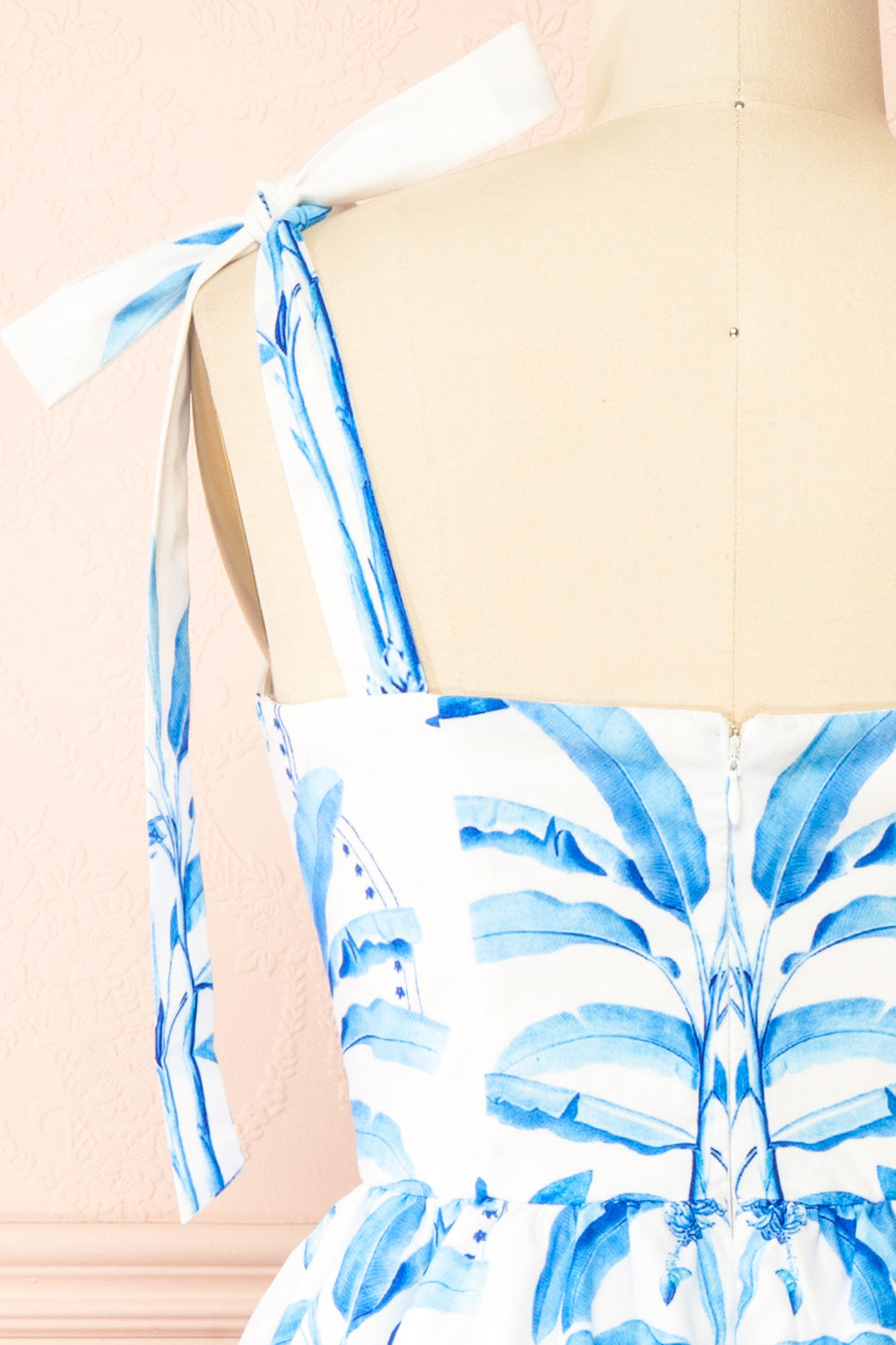 Rayanne White Short Dress w/ Blue Leaves Print | Boutique 1861 back view