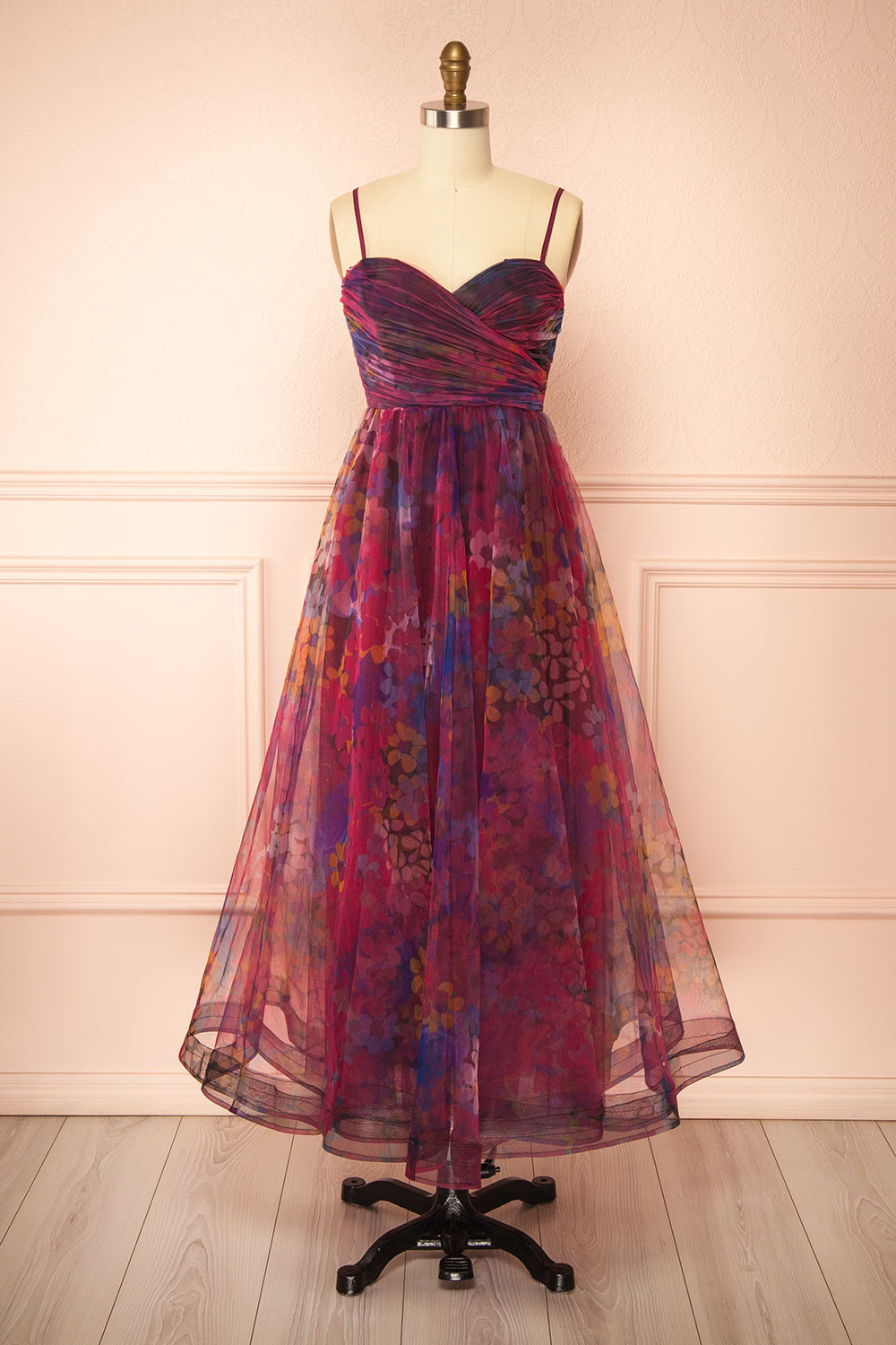 Rayne Burgundy Floral Midi Tulle Dress | Boutique 1861 front view