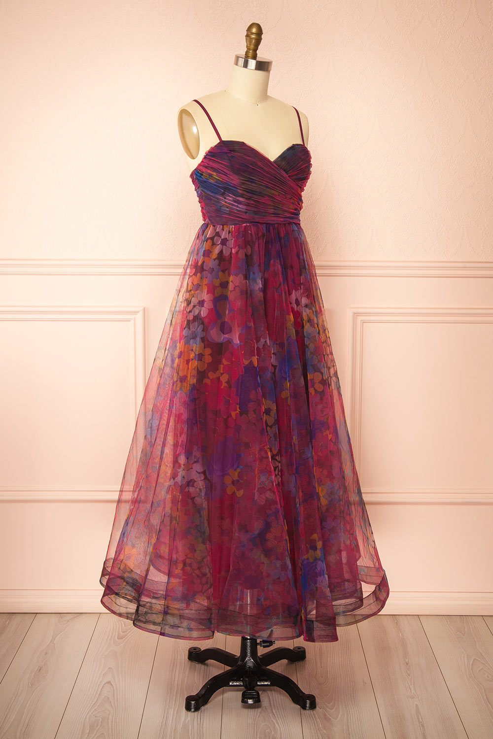 Rayne Burgundy Floral Midi Tulle Dress | Boutique 1861 side view