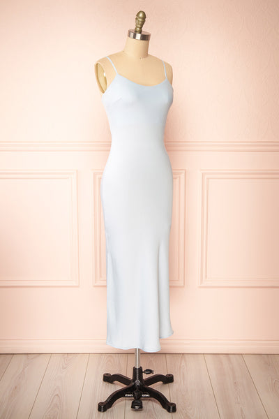 Rebby Blue Silky Fitted Midi Dress | Boutique 1861 side view