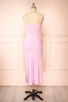 Rebby Pink Silky Fitted Midi Dress | Boutique 1861 back view
