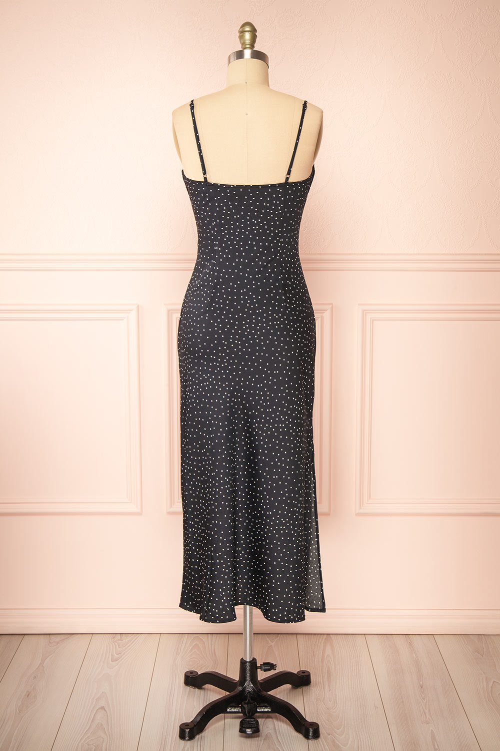 Rebby Polka Dot Black Silky Fitted Midi Dress | Boutique 1861 back view