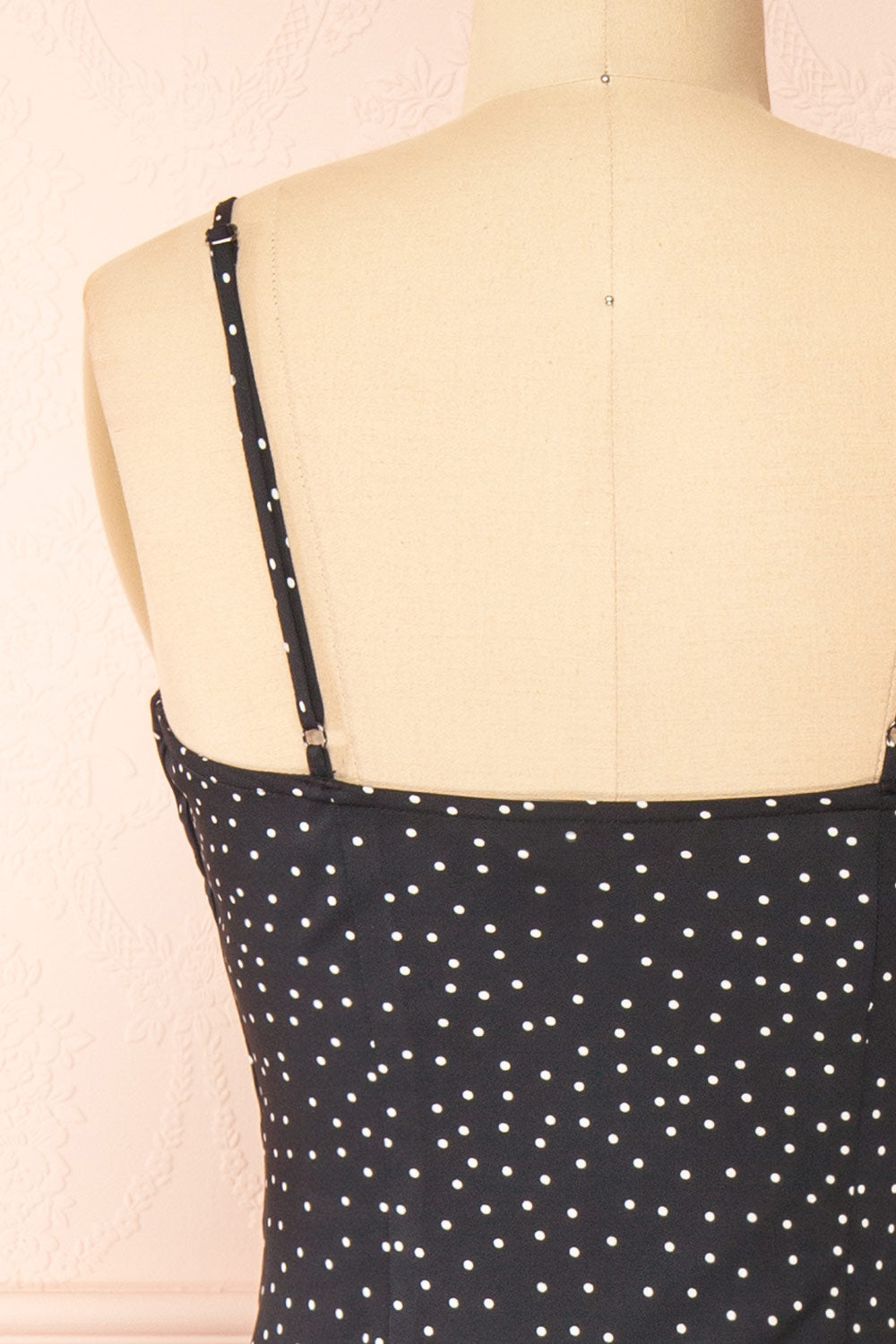 Rebby Polka Dot Black Silky Fitted Midi Dress | Boutique 1861 back