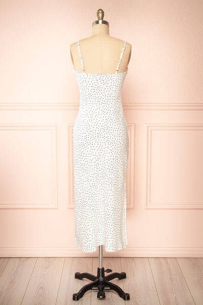 Rebby Polka Dot White Silky Fitted Midi Dress | Boutique 1861 back view