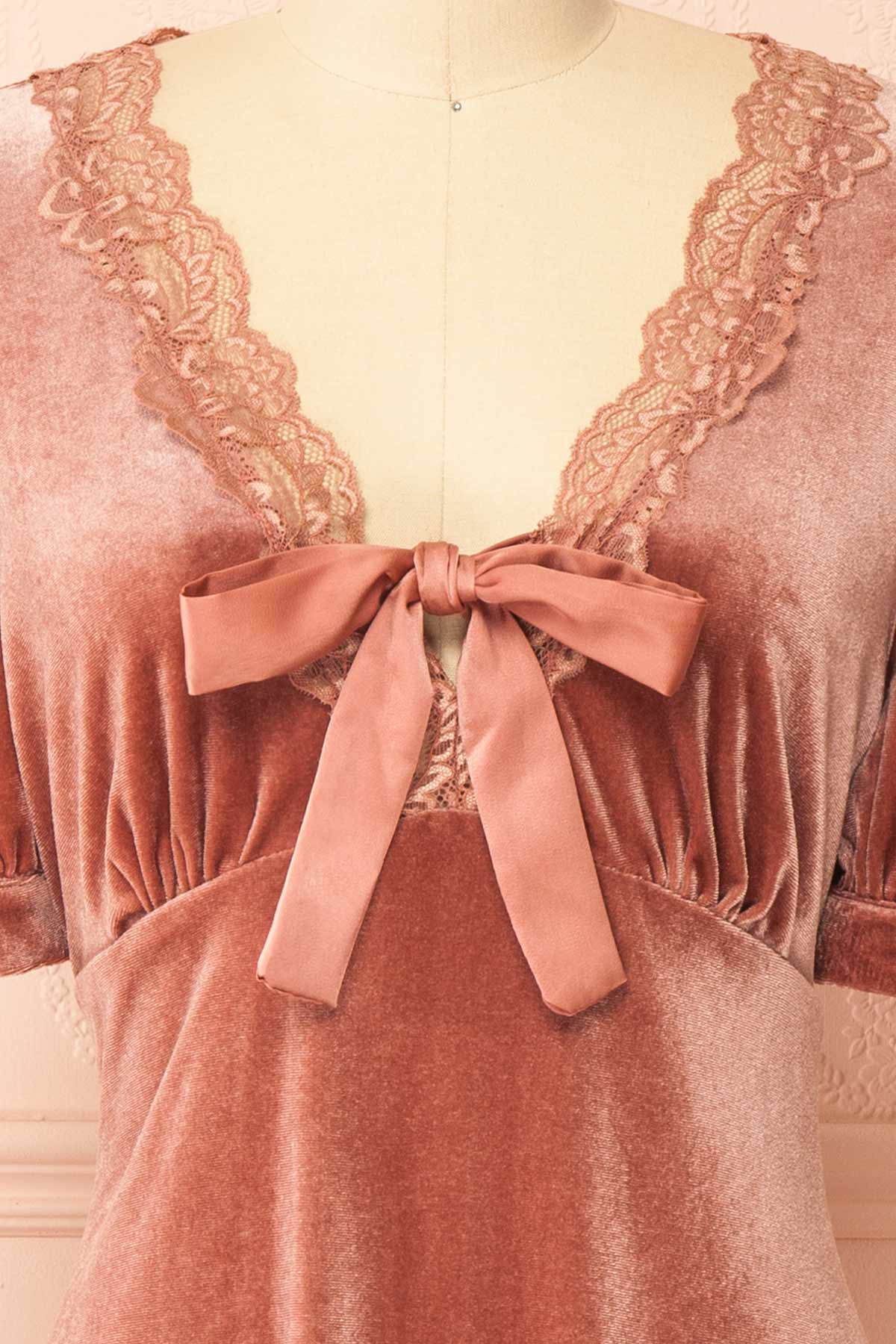 details view of Rejeane Mauve Velvet Puff Sleeve Mini Dress with Lace Trim and Front Bow at Boutique 1861