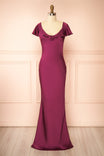 Front view Rhiar Burgundy Satin Maxi Dress with Butterfly Sleeves and Flower Detail at boutique 1861