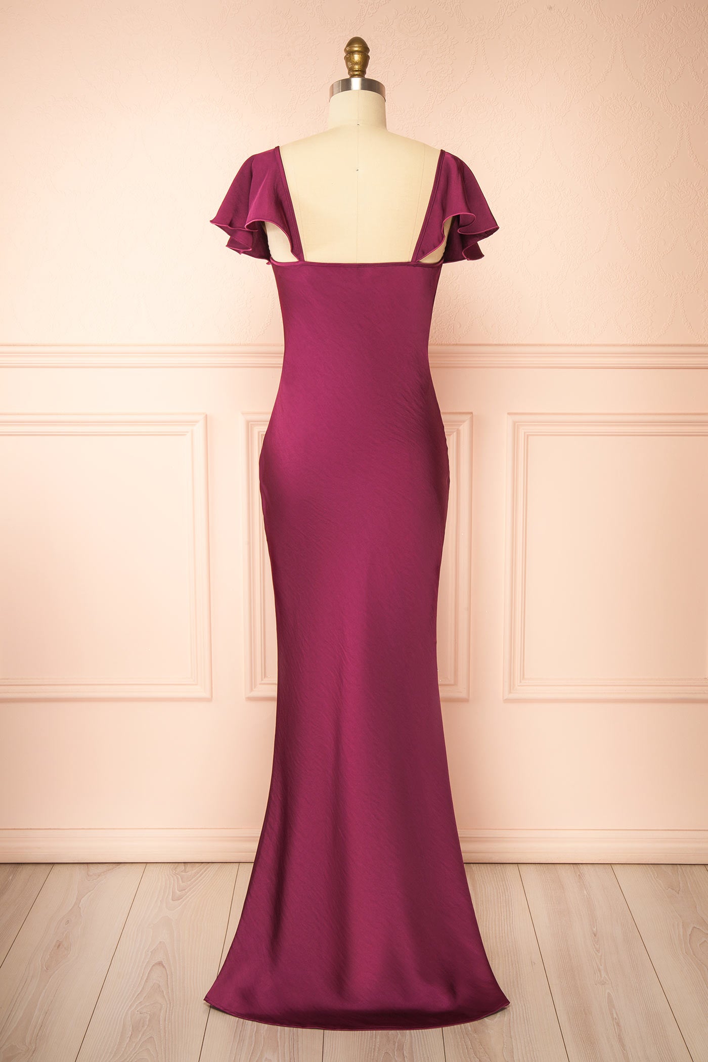 Back view Rhiar Burgundy Satin Maxi Dress with Butterfly Sleeves and Flower Detail at boutique 1861