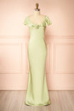Front view Rhiar Sage Satin Maxi Dress with Butterfly Sleeves and Flower Detail at la boutique 1861