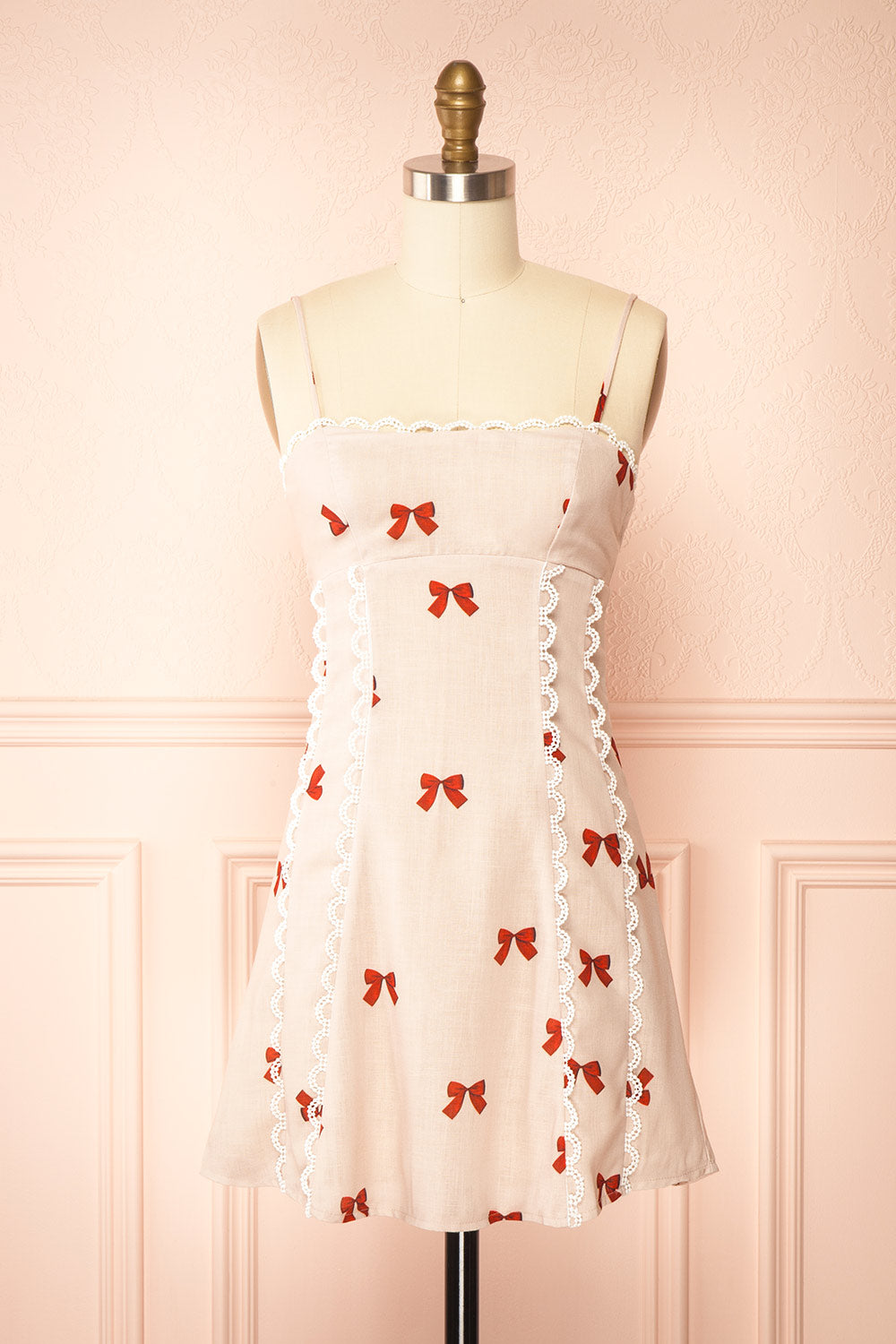 Rigel Taupe A-line Mini Dress w/ Red Bows
