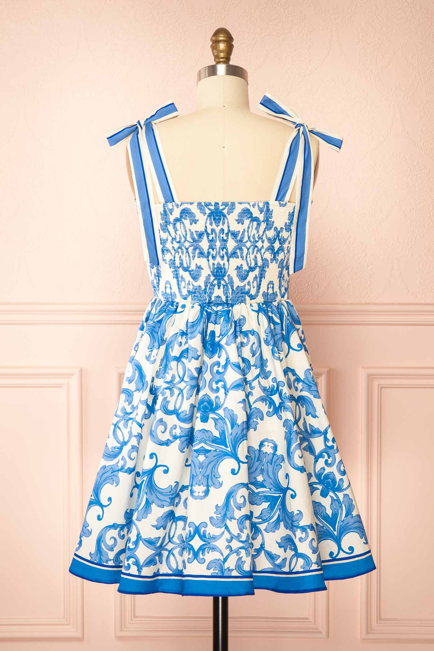 Back view of Roberta Blue and White Tile Print Tie-Strap A-Line Short Dress at la boutique 1861