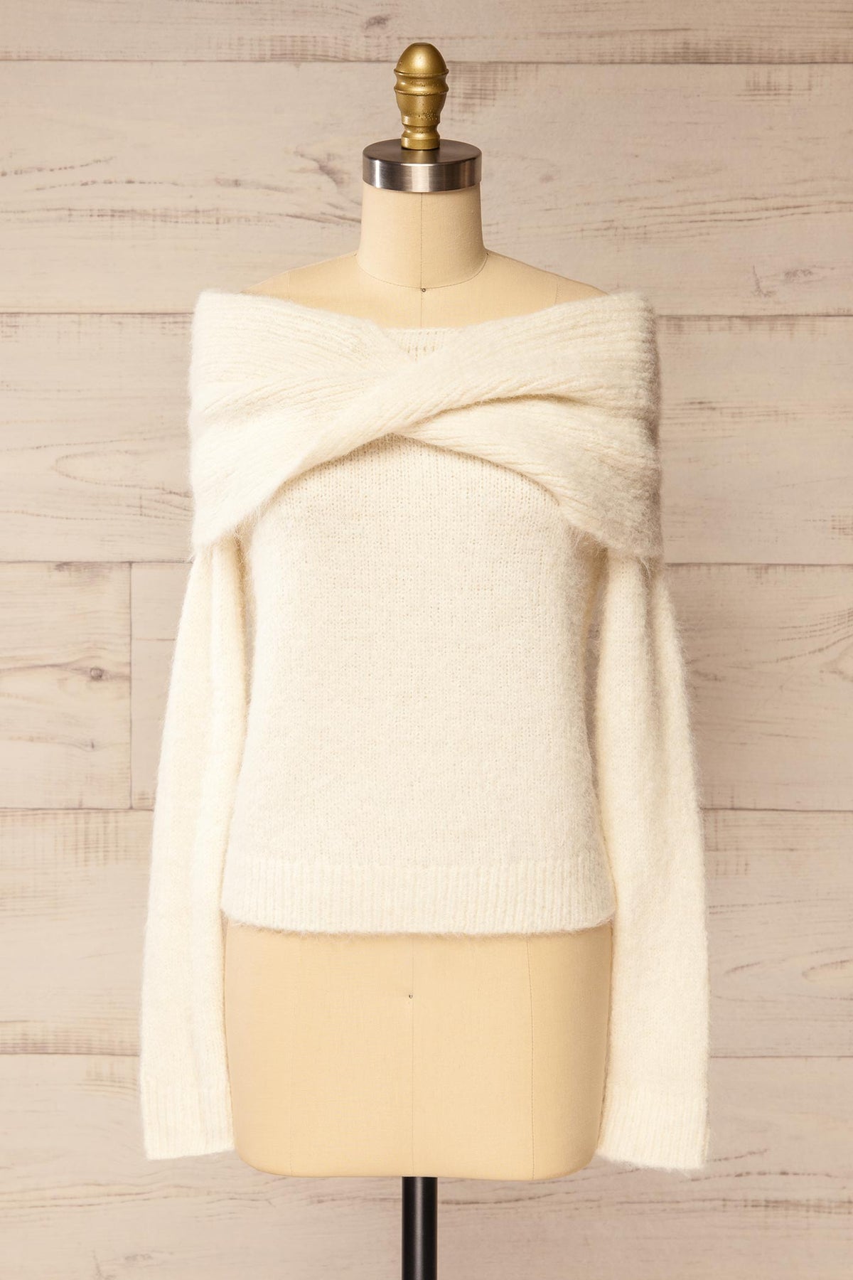 front view of Rocha Ivory Off-the-Shoulder Knit Sweater at La petite garçonne