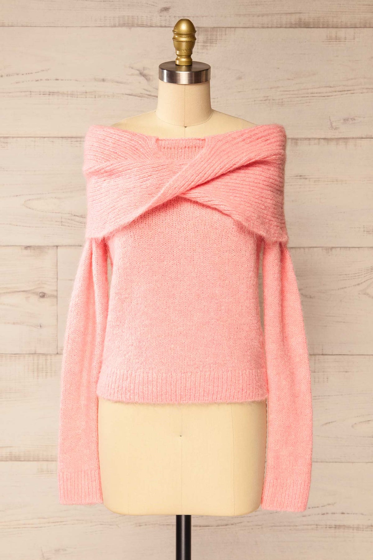 front view of Rocha Pink Off-the-Shoulder Knit Sweater at La petite garçonne