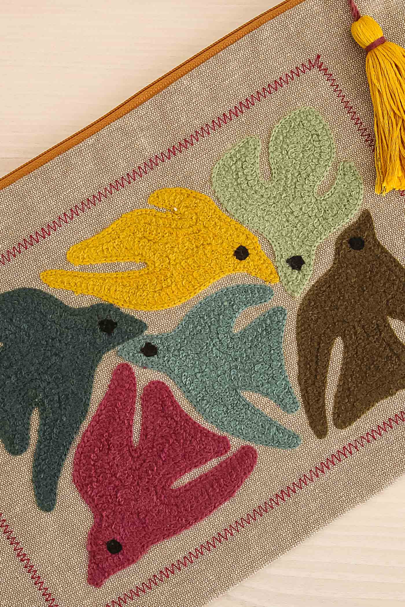 Roitelet Embroidered Taupe Pouch with Tassel | La petite garçonne close-up