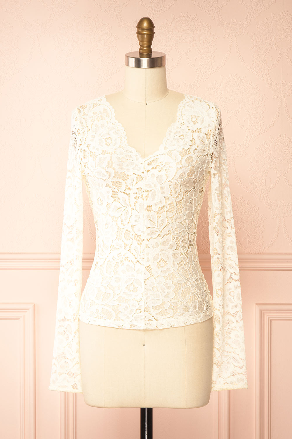 Rokia Sheer Fitted Ivory Lace Top with V Neck | Boudoir 1861