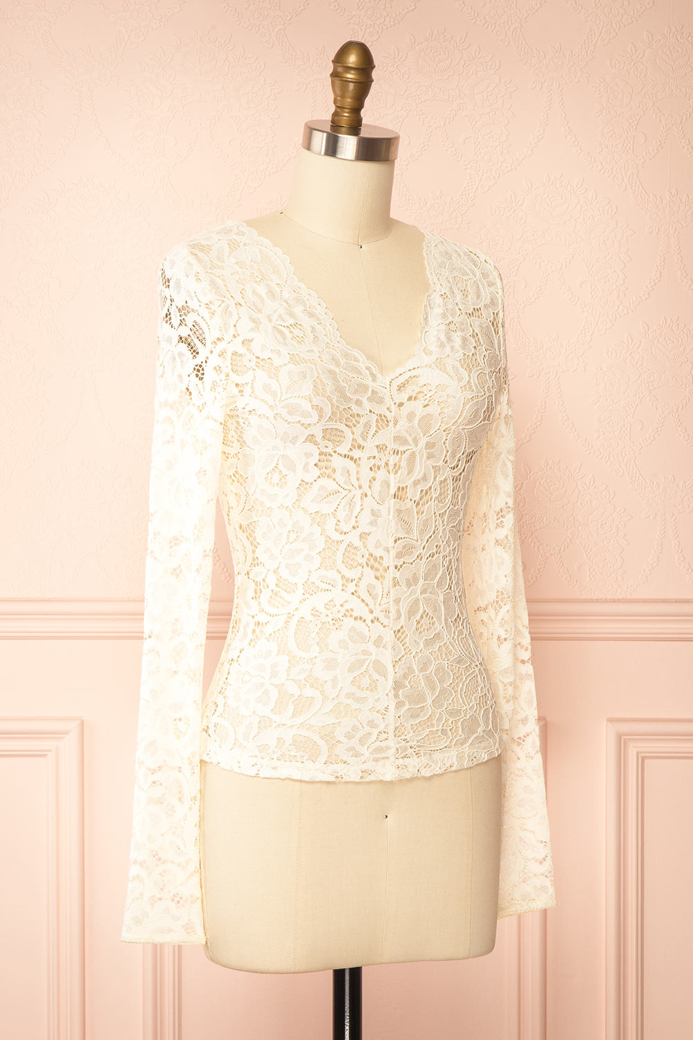 Rokia Sheer Fitted Ivory Lace Top with V Neck | Boudoir 1861 side view