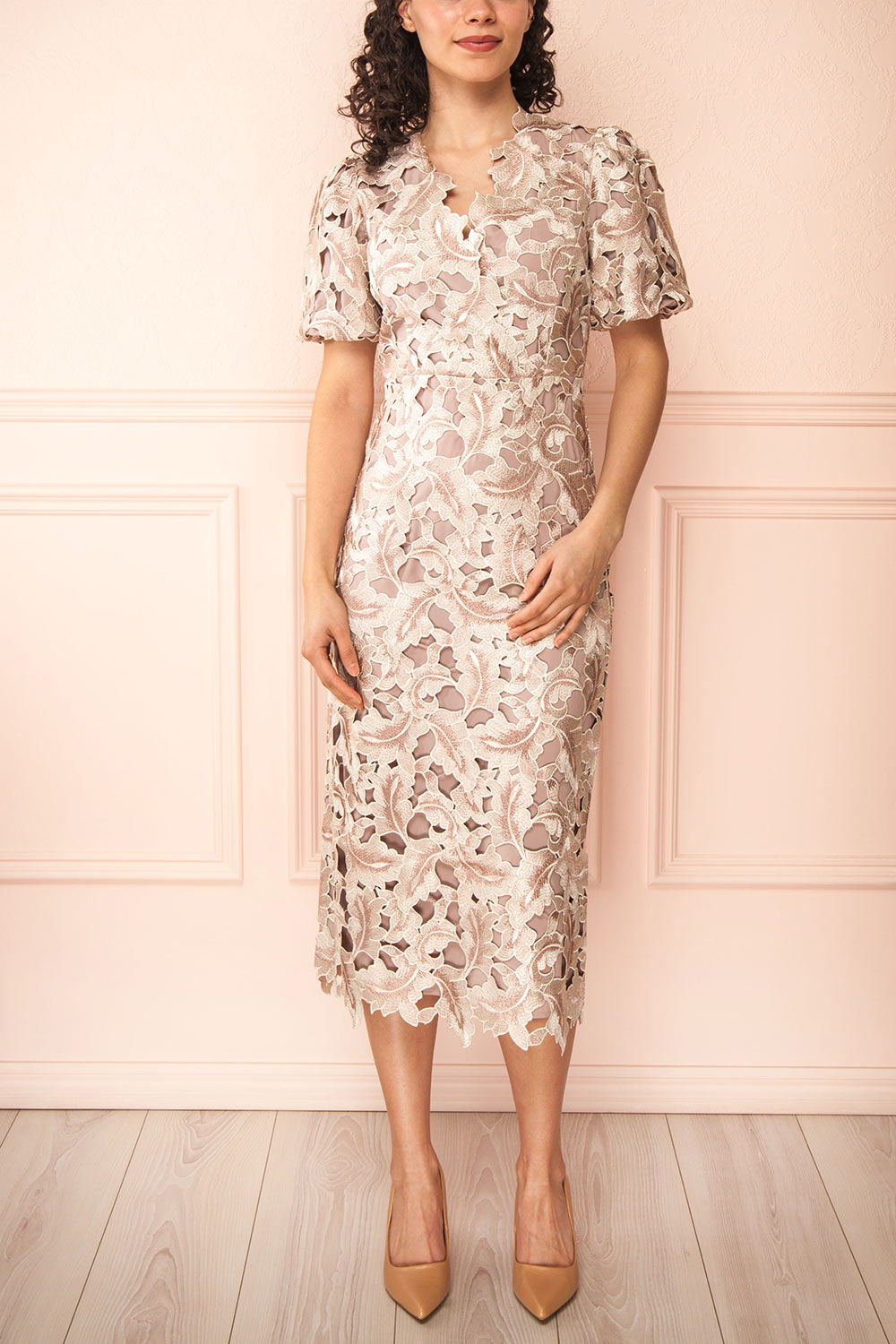 Rolande Midi Taupe Openwork Lace Dress | Boutique 1861 model