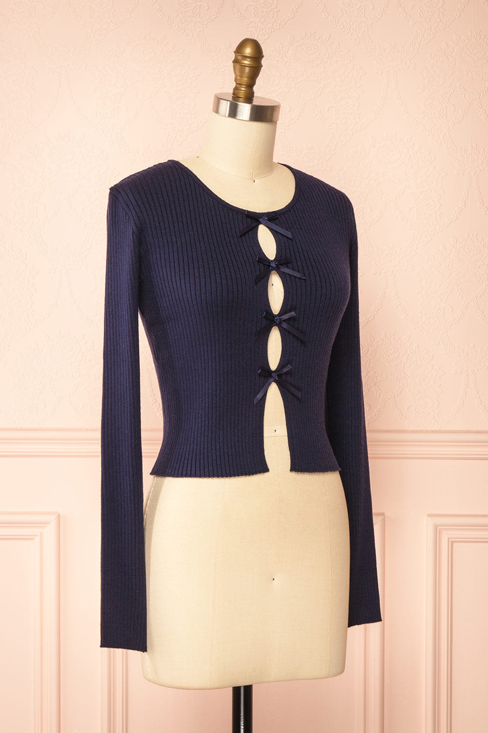 Romilda Cropped Ribbed Navy Top with Ribbon Front | Boutique 1861 side view