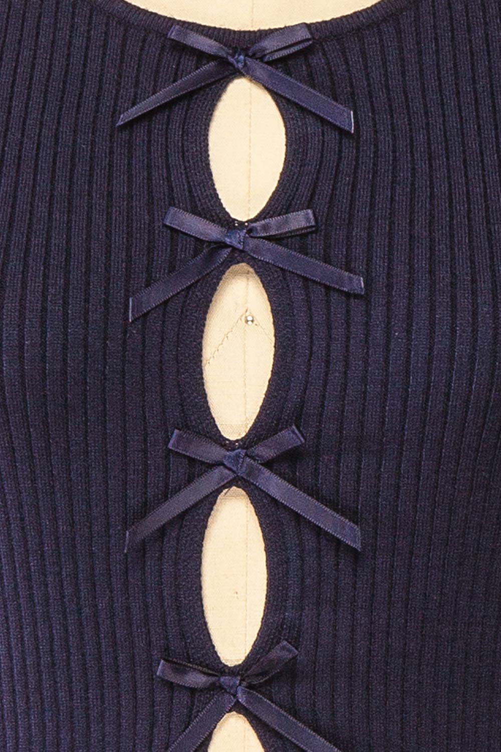 Romilda Cropped Ribbed Navy Top with Ribbon Front | Boutique 1861 fabric