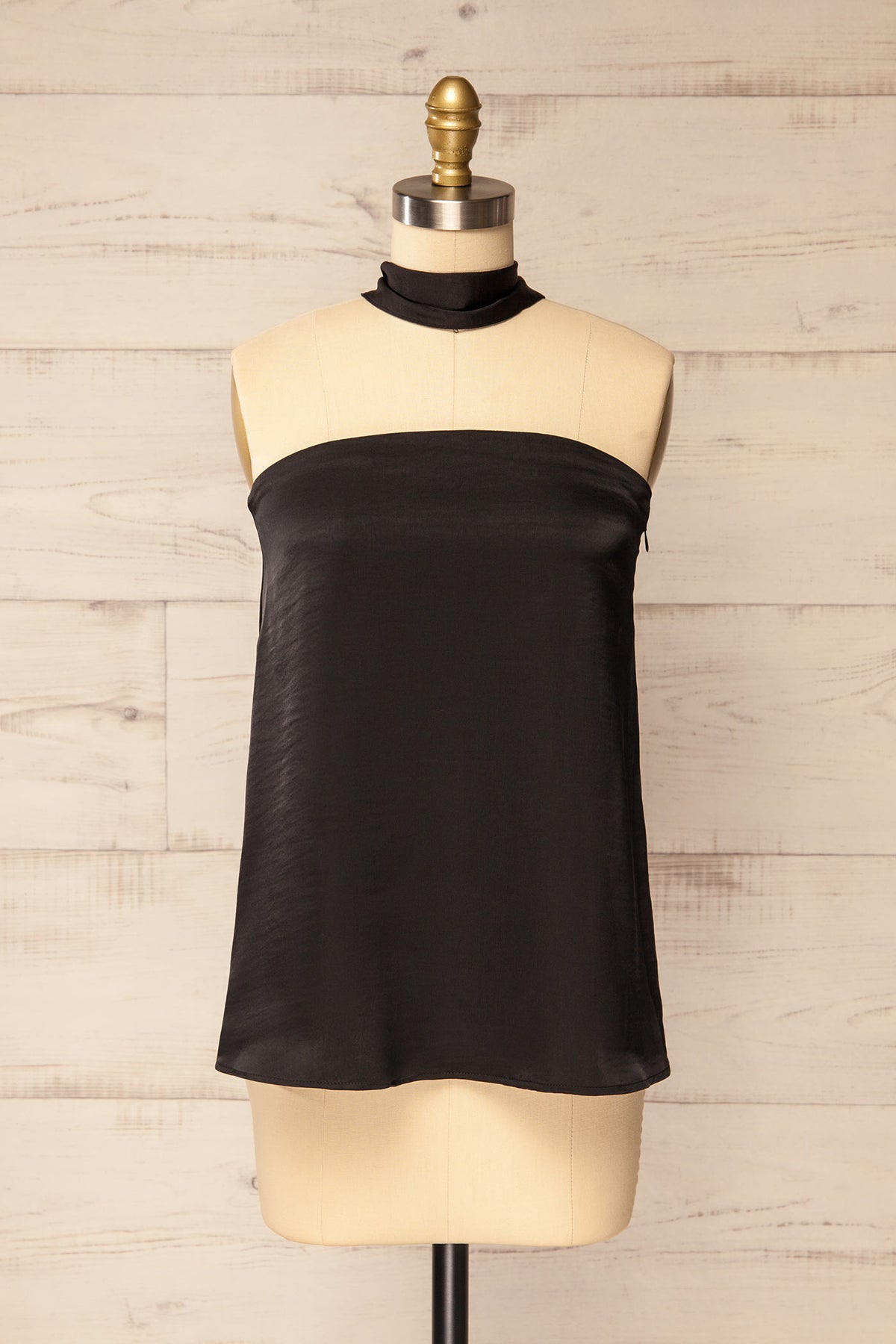front view without scarf of Rosaire Black Satin Strapless Flowy Top with Scarfat La petite garçonne