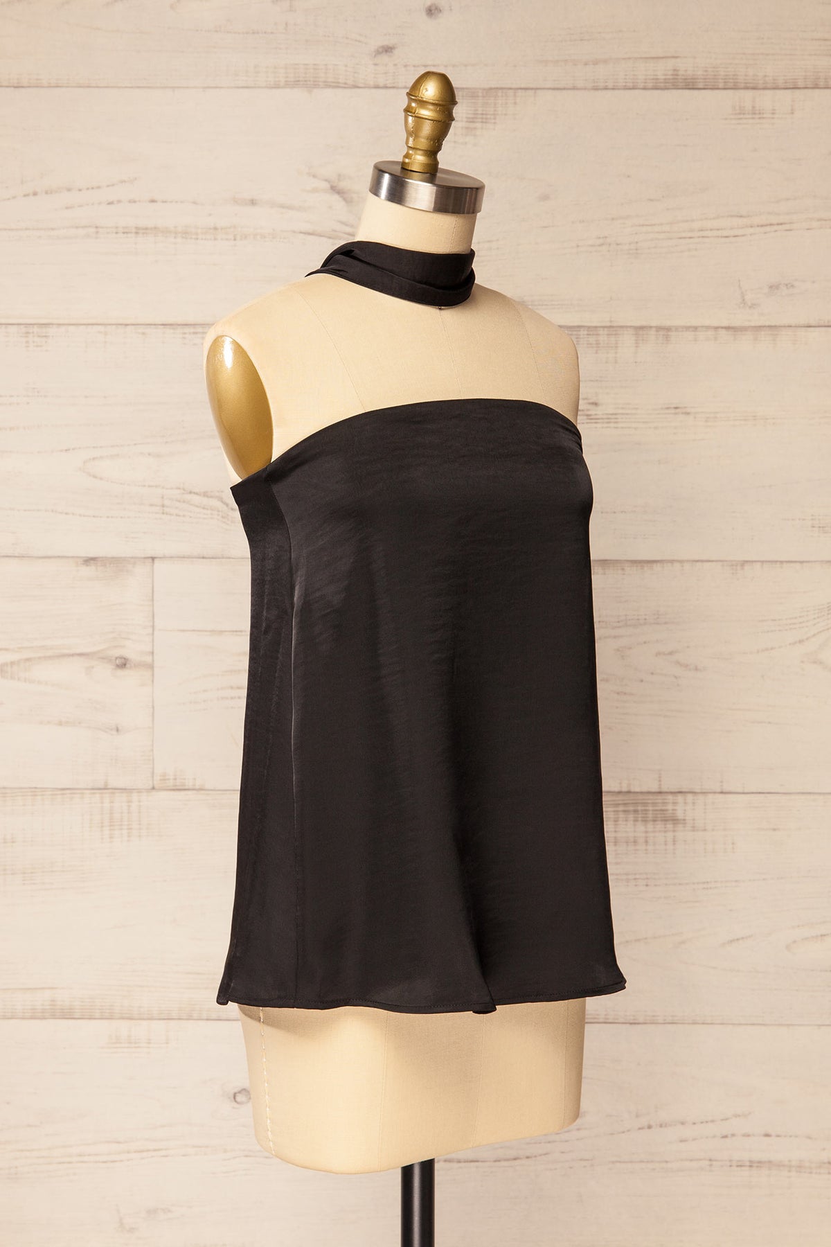 side view of Rosaire Black Satin Strapless Flowy Top with Scarfat La petite garçonne