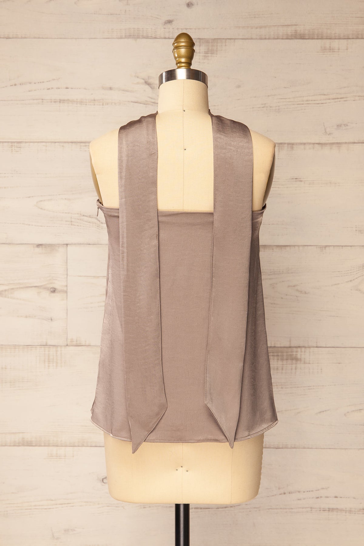 Back view of Rosaire Taupe Satin Strapless Flowy Top with Scarf at La petite garçonne
