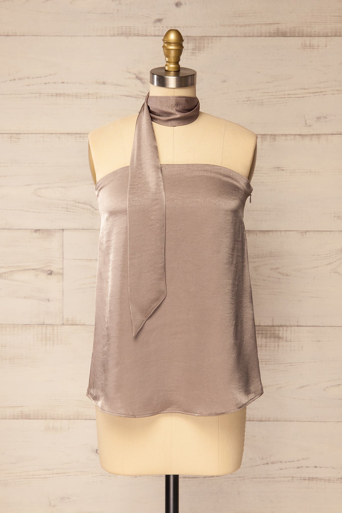 Front view with scarf of Rosaire Taupe Satin Strapless Flowy Top with Scarf at La petite garçonne