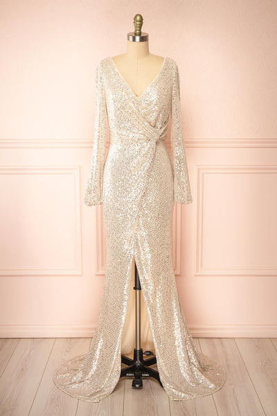 Roxy Champagne Sequins Long-Sleeved Maxi Dress | Boutique 1861 front view