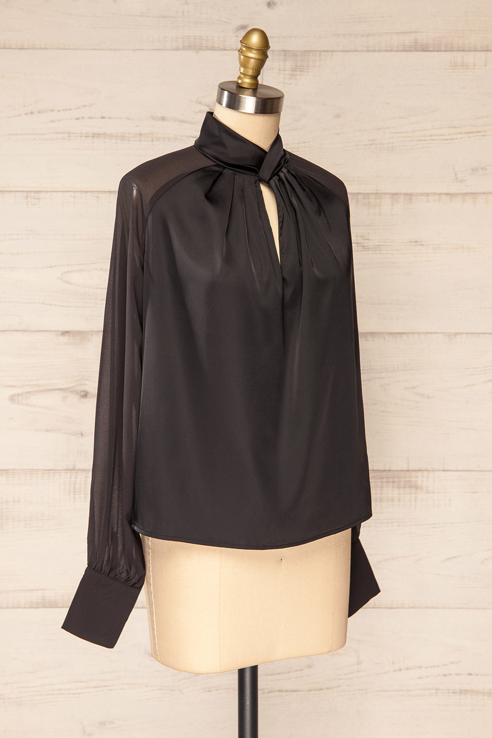 Rumoi Black Silky Blouse w/ Sheer Sleeves | La petite garçonne side view