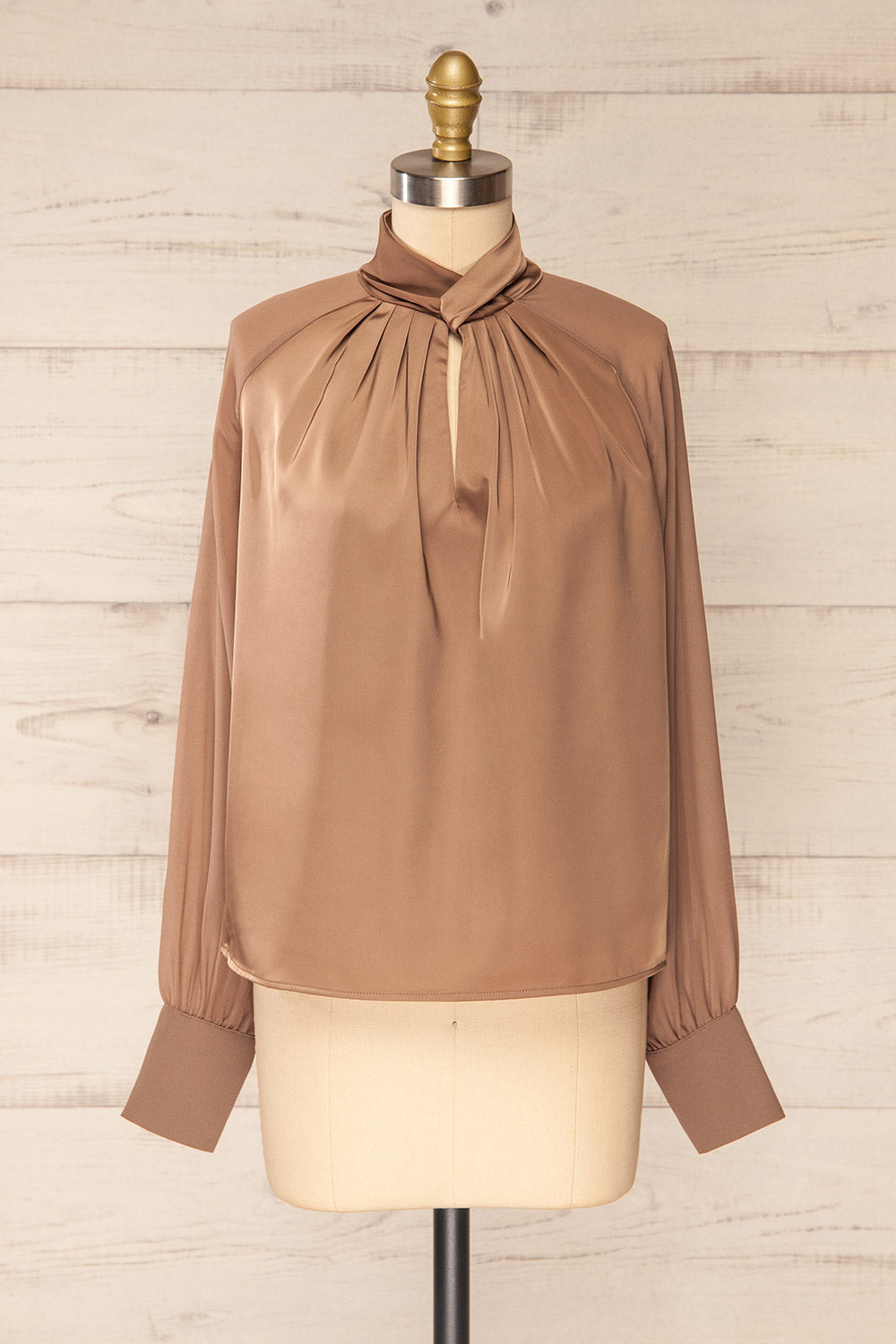 Rumoi Brown Silky Blouse w/ Sheer Sleeves | La petite garçonne front view
