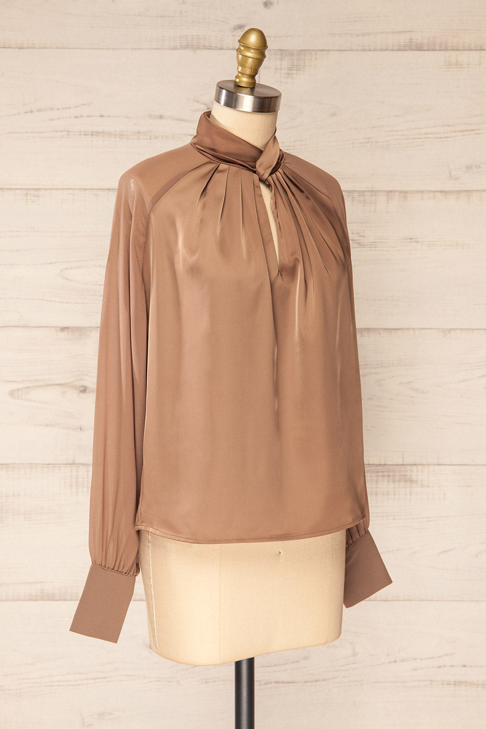 Rumoi Brown Silky Blouse w/ Sheer Sleeves | La petite garçonne side view
