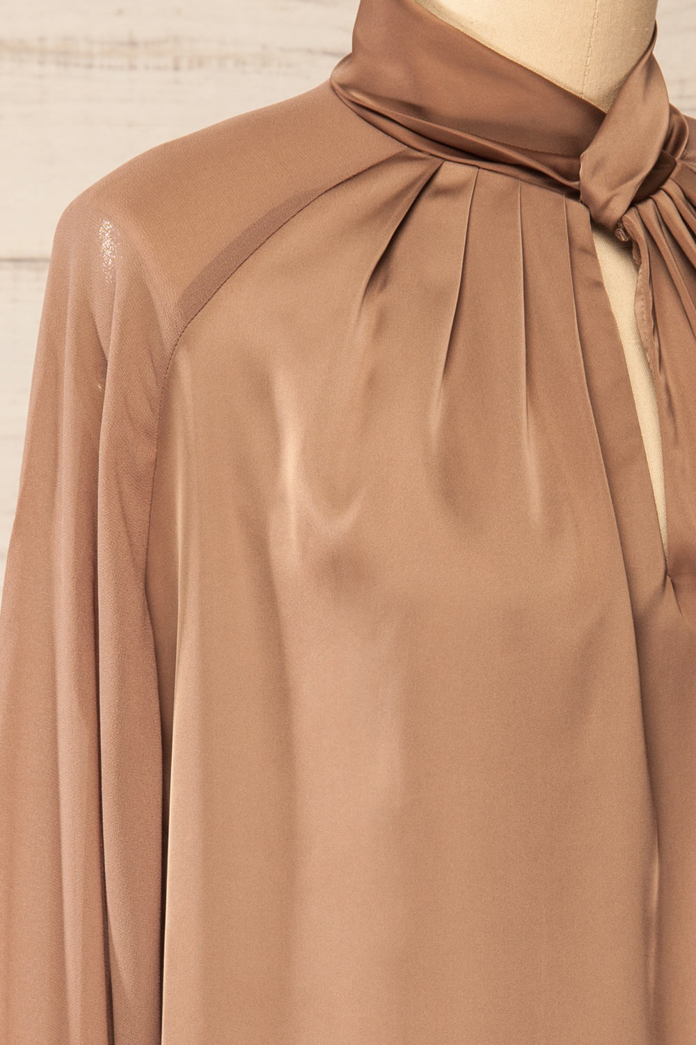 Rumoi Brown Silky Blouse w/ Sheer Sleeves | La petite garçonne side close-up