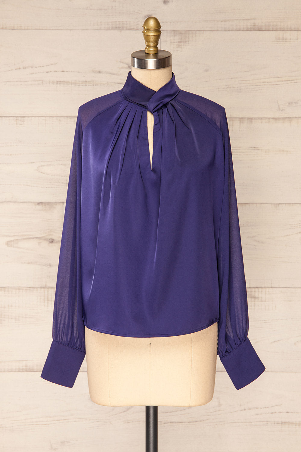 Rumoi Navy Silky Blouse w/ Sheer Sleeves | La petite garçonne front view