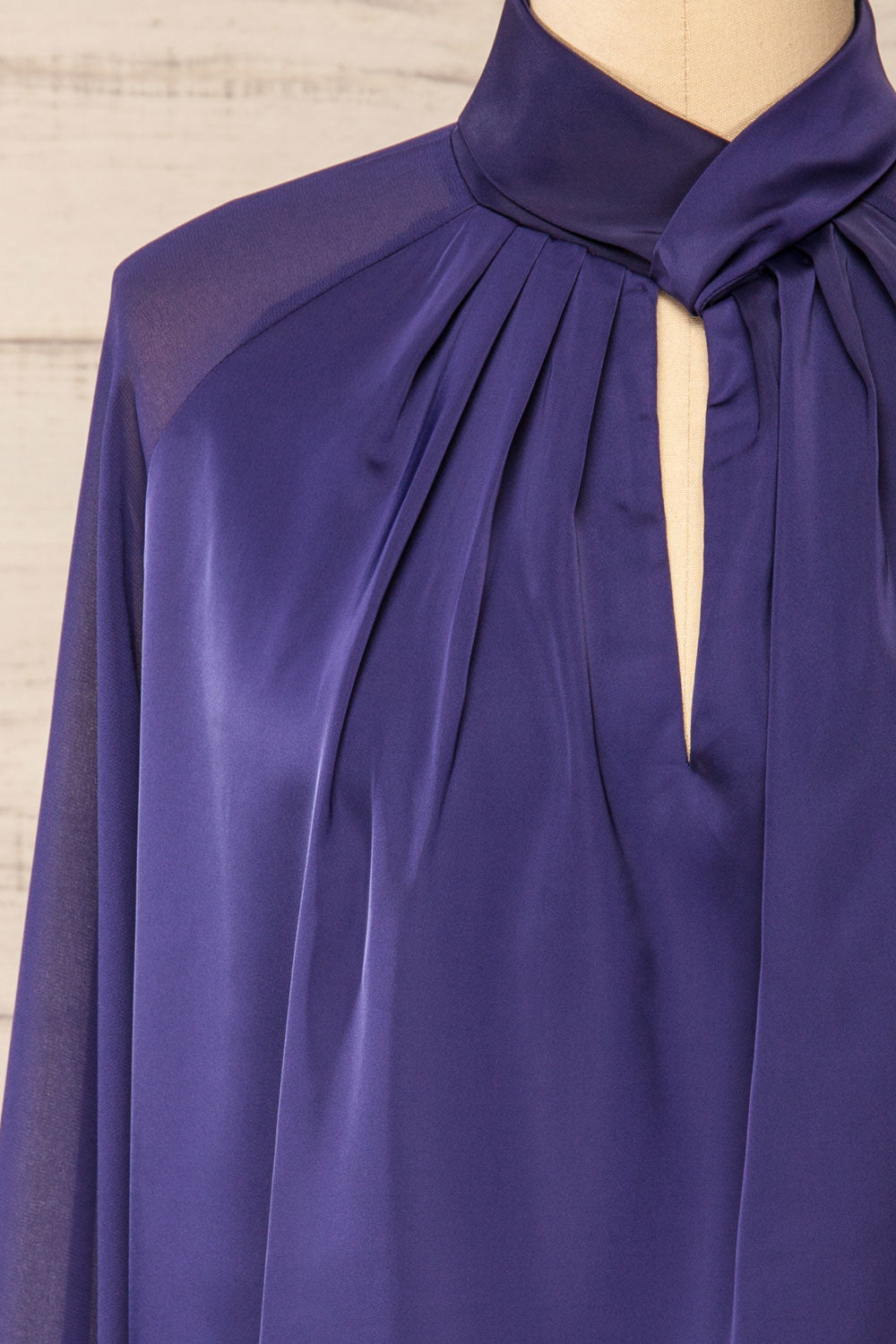 Rumoi Navy Silky Blouse w/ Sheer Sleeves | La petite garçonne front close-up