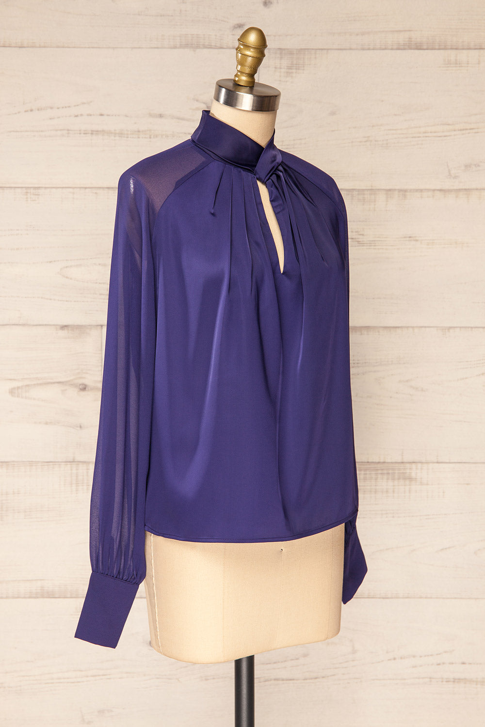 Rumoi Navy Silky Blouse w/ Sheer Sleeves | La petite garçonne side view